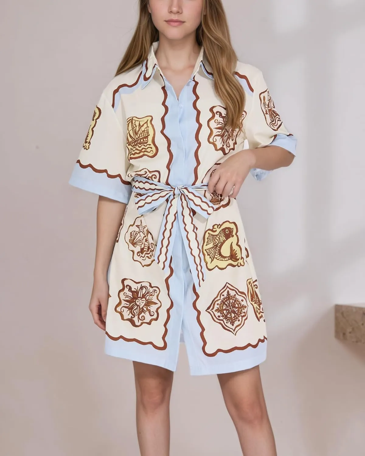 FOTN Belted Shirt Dresses for Women 2025 Summer Graffiti Printed A-Line Mini Dress Button Down Short Sleeve Vacation Sundress