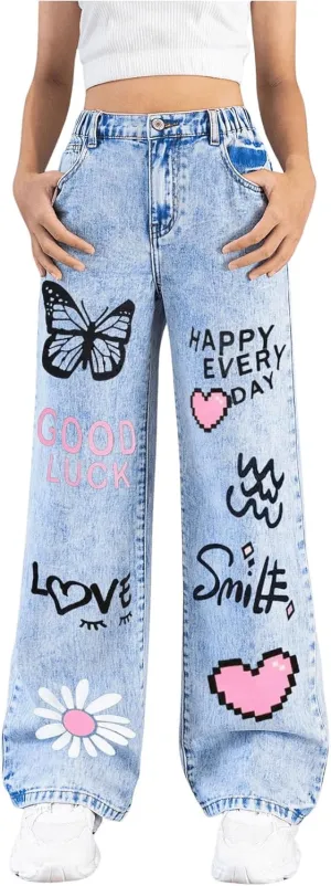 Girl's Y2k Graphic Jeans Butterfly Print Jeans Elastic High Waisted Straight Leg Denim Pants