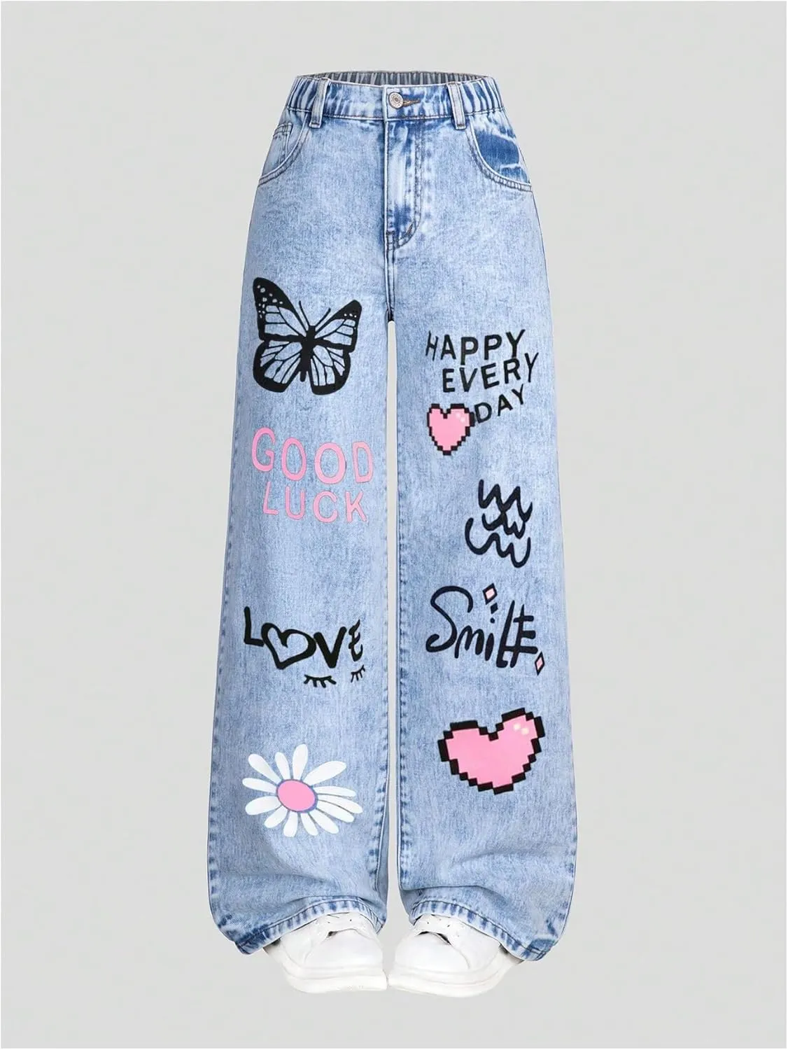 Girl's Y2k Graphic Jeans Butterfly Print Jeans Elastic High Waisted Straight Leg Denim Pants