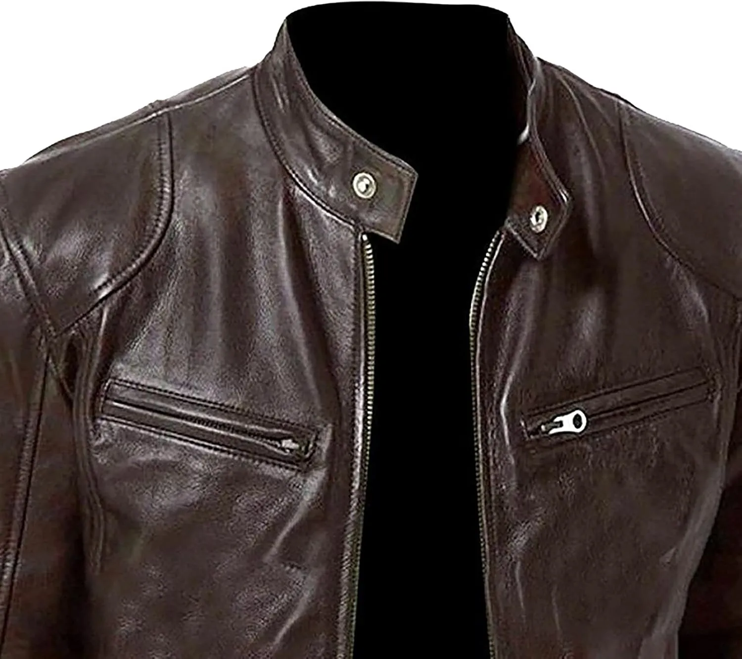 GOFULY Leather Jacket Men Streetwear Zip Up Stand Collar Jackets Faux Leather Motocycle Coats Casual Outwear With Pockets
