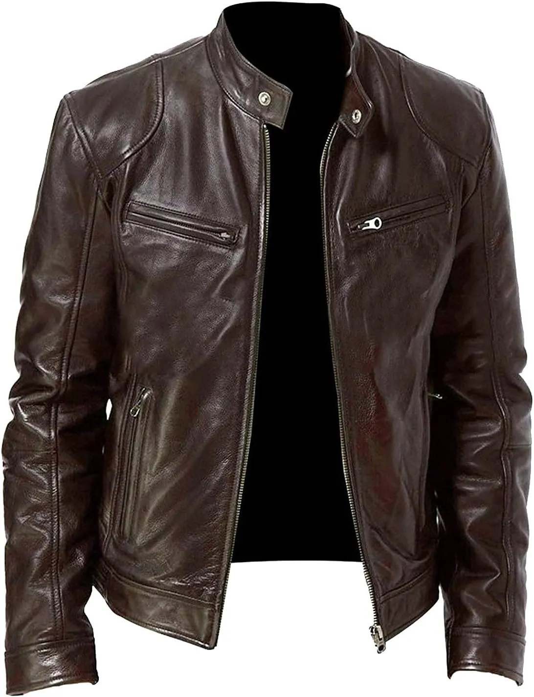 GOFULY Leather Jacket Men Streetwear Zip Up Stand Collar Jackets Faux Leather Motocycle Coats Casual Outwear With Pockets