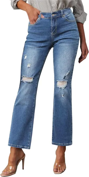 GRAPENT Jeans for Women High Waisted Distressed Straight Leg Ripped Jeans Stretchy Denim Pants Western Outfit 90s