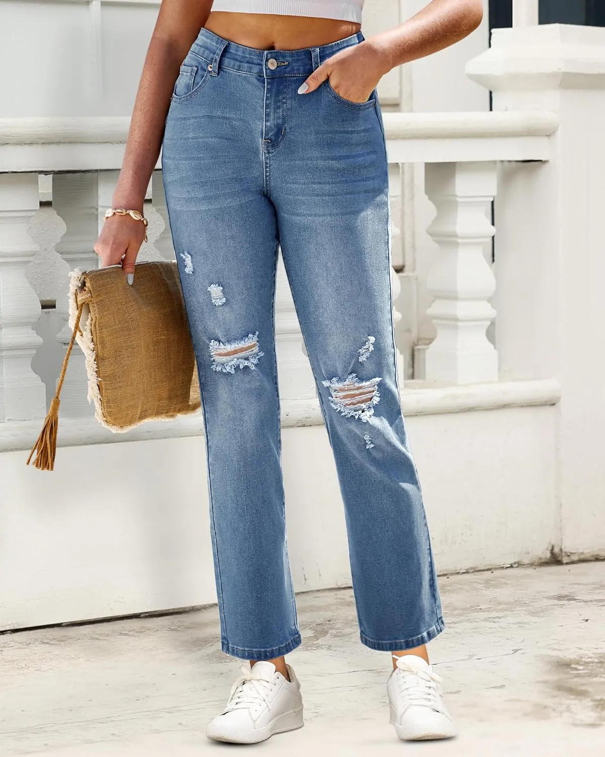 GRAPENT Jeans for Women High Waisted Distressed Straight Leg Ripped Jeans Stretchy Denim Pants Western Outfit 90s