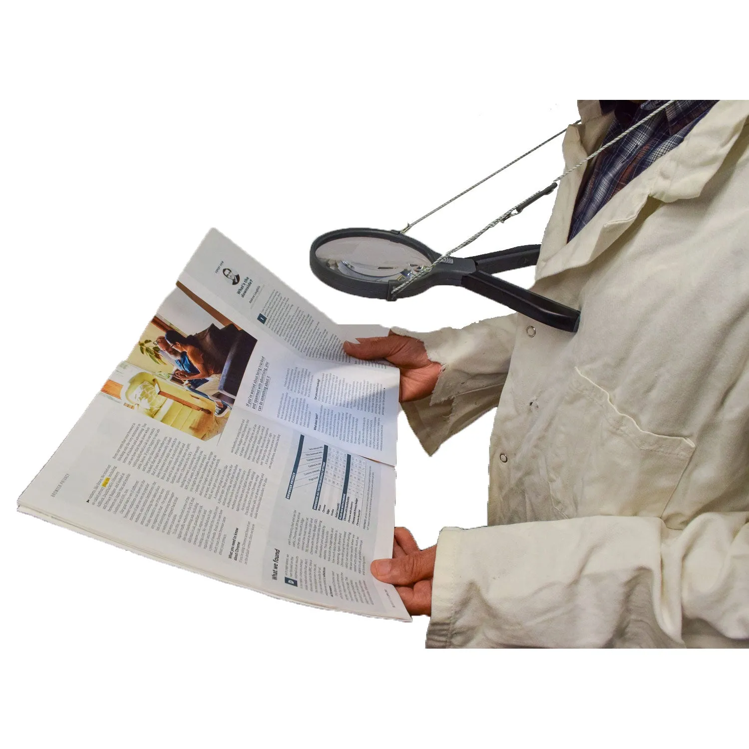 Hand Magnifier, converts to round the neck magnifier, with light