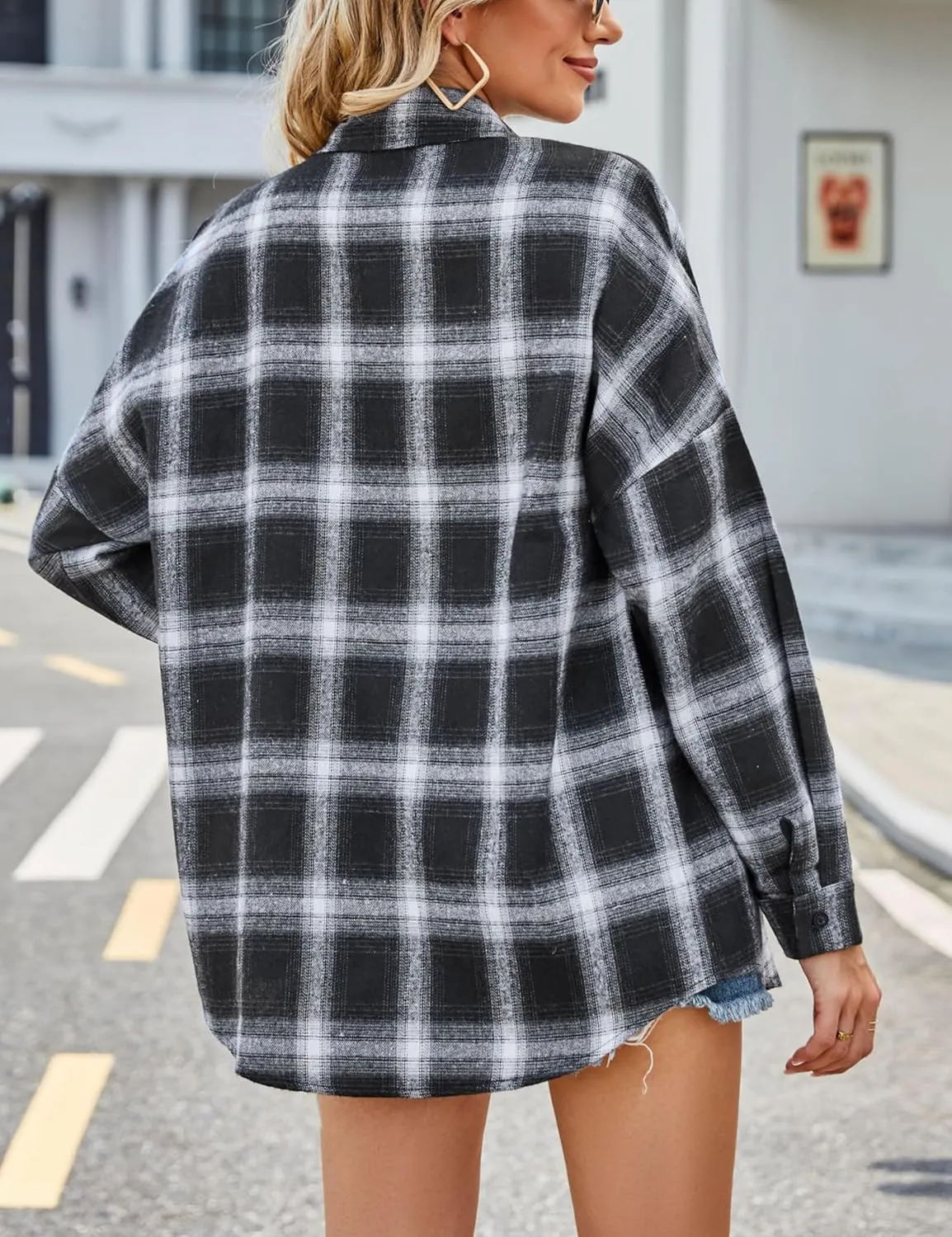 HangNiFang Womens Flannel Plaid Shirts Oversized Lightweight Button Down Shirts Blouse