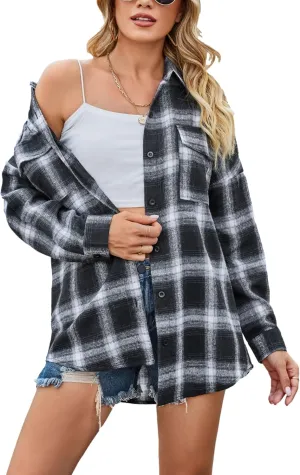 HangNiFang Womens Flannel Plaid Shirts Oversized Lightweight Button Down Shirts Blouse