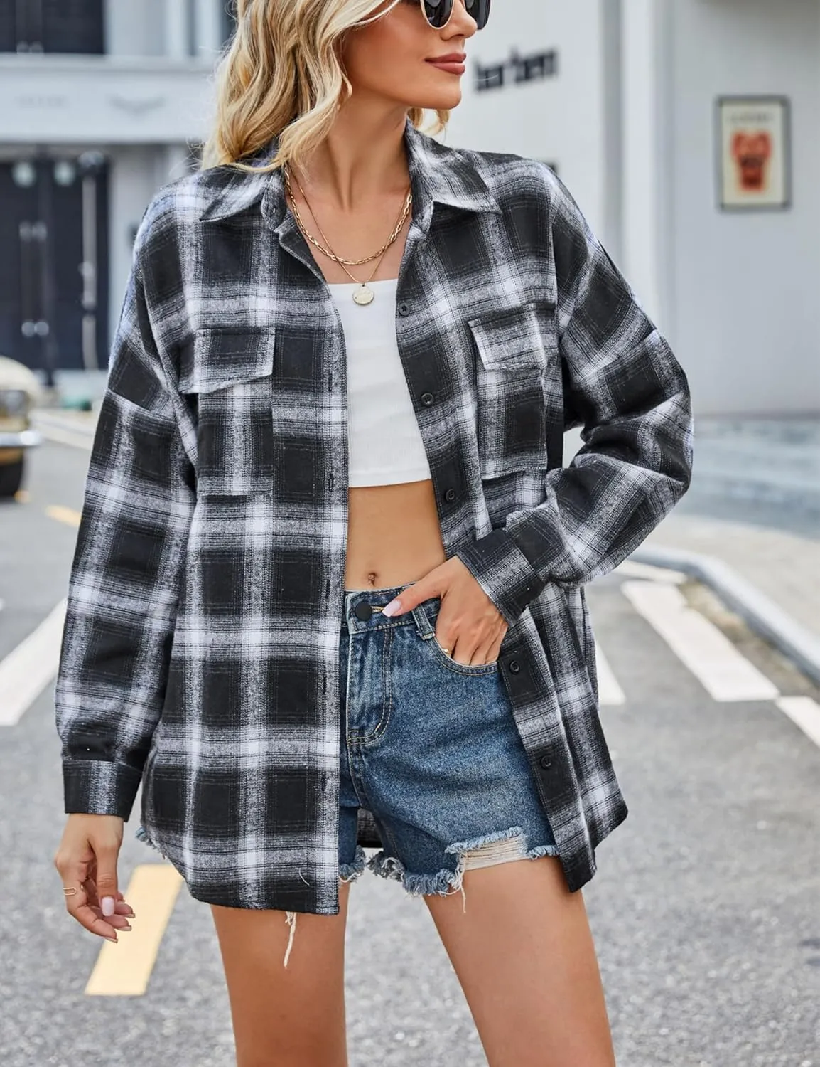 HangNiFang Womens Flannel Plaid Shirts Oversized Lightweight Button Down Shirts Blouse