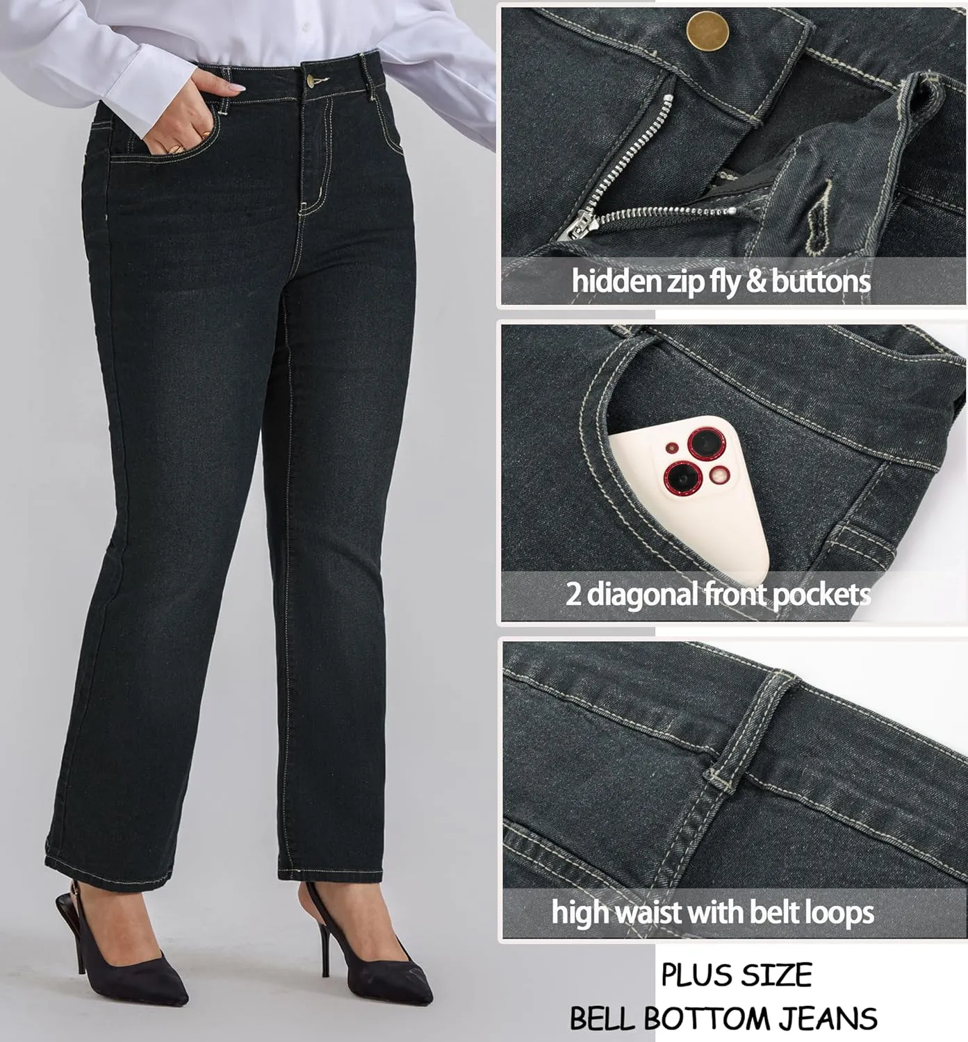 Hanna Nikole Women's Plus Size Wide Flared Jeans High Waisted Stretchy Bell Bottom Denim Jeans with Pockets