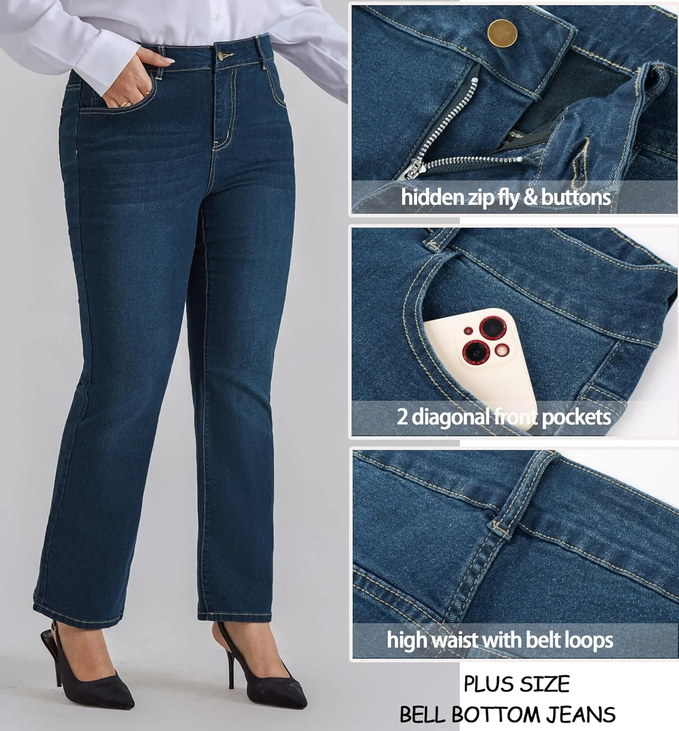 Hanna Nikole Women's Plus Size Wide Flared Jeans High Waisted Stretchy Bell Bottom Denim Jeans with Pockets