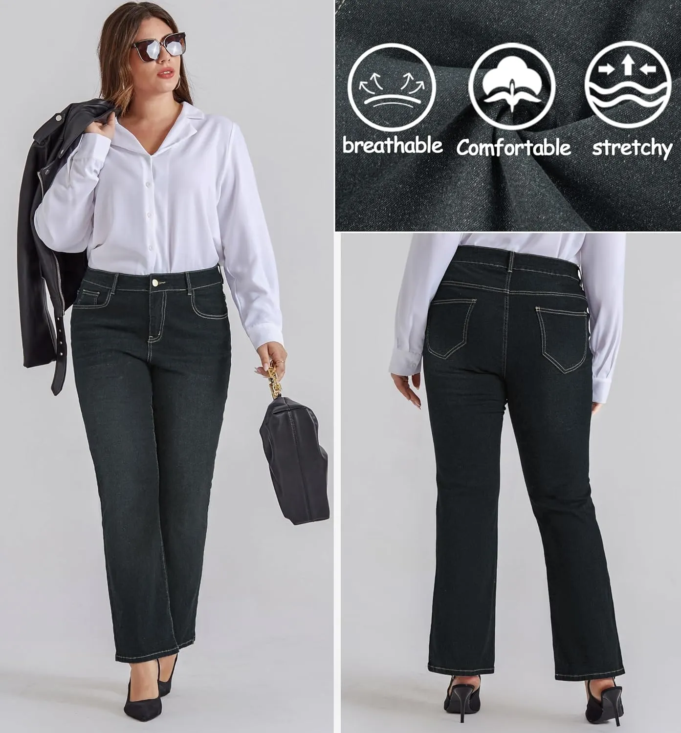 Hanna Nikole Women's Plus Size Wide Flared Jeans High Waisted Stretchy Bell Bottom Denim Jeans with Pockets