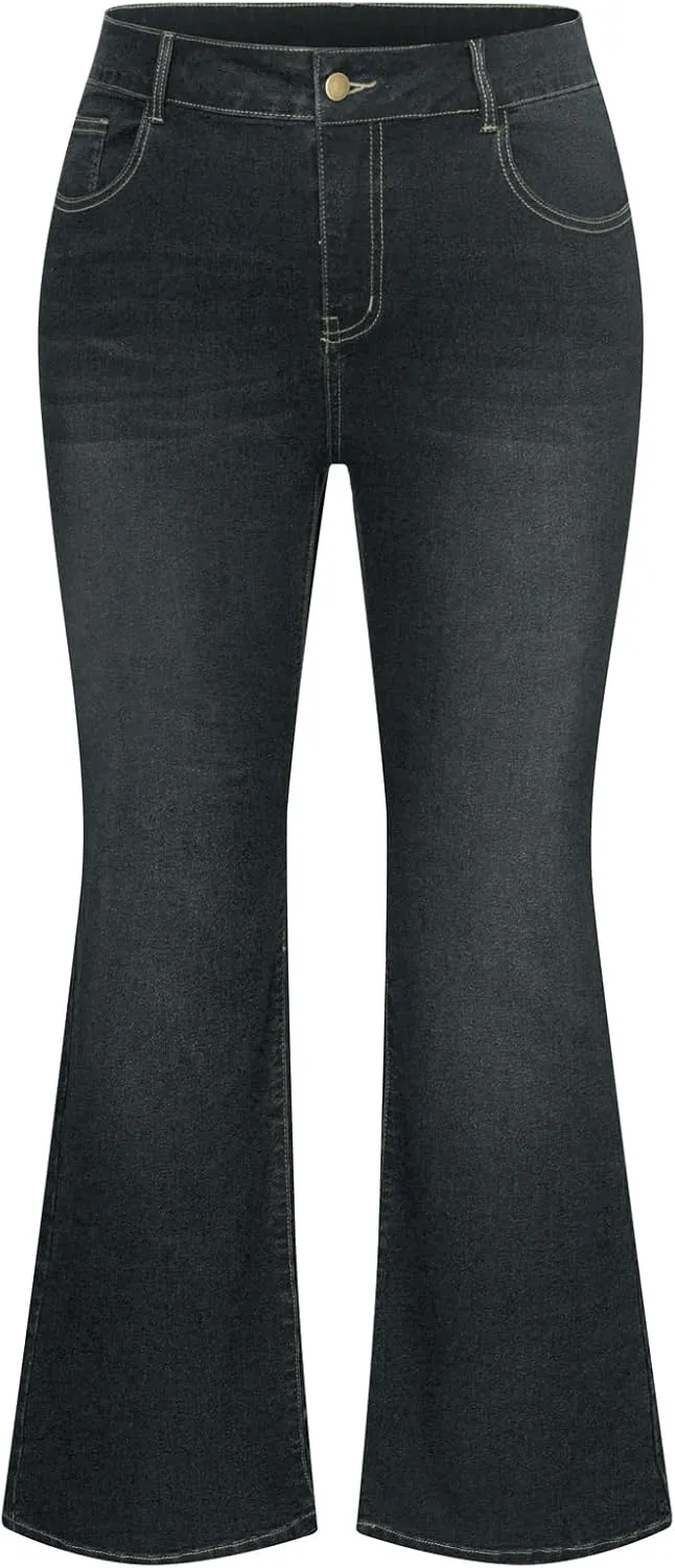 Hanna Nikole Women's Plus Size Wide Flared Jeans High Waisted Stretchy Bell Bottom Denim Jeans with Pockets