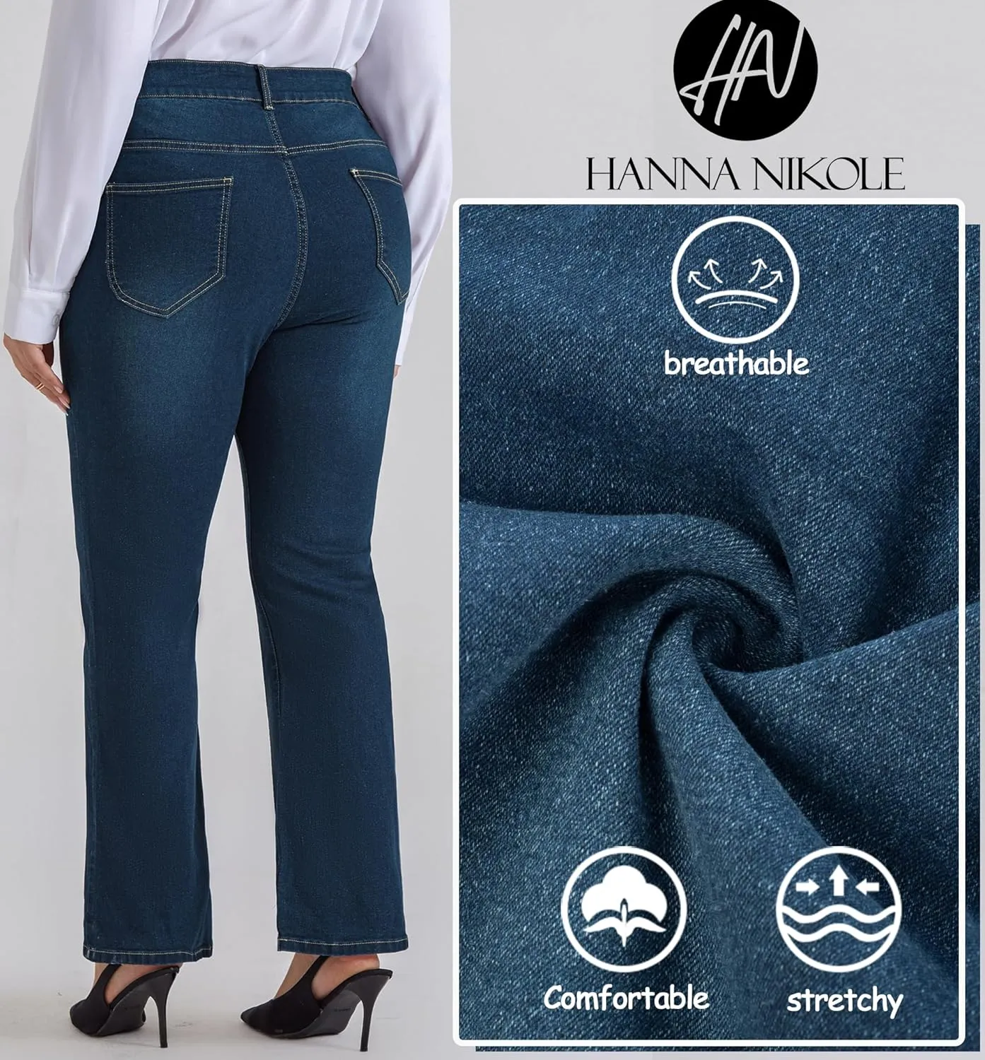 Hanna Nikole Women's Plus Size Wide Flared Jeans High Waisted Stretchy Bell Bottom Denim Jeans with Pockets