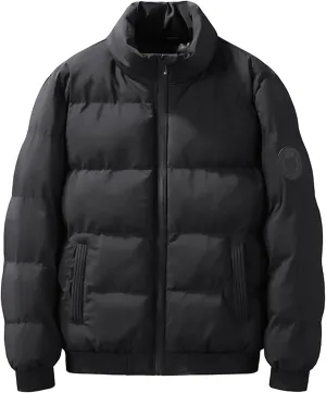 hlysgo Men's Winter Puffer Jacket Long Sleeve Stand Collar Bubble Coat Full Zip Warm Padded Jackets Outerwear Cold Weather