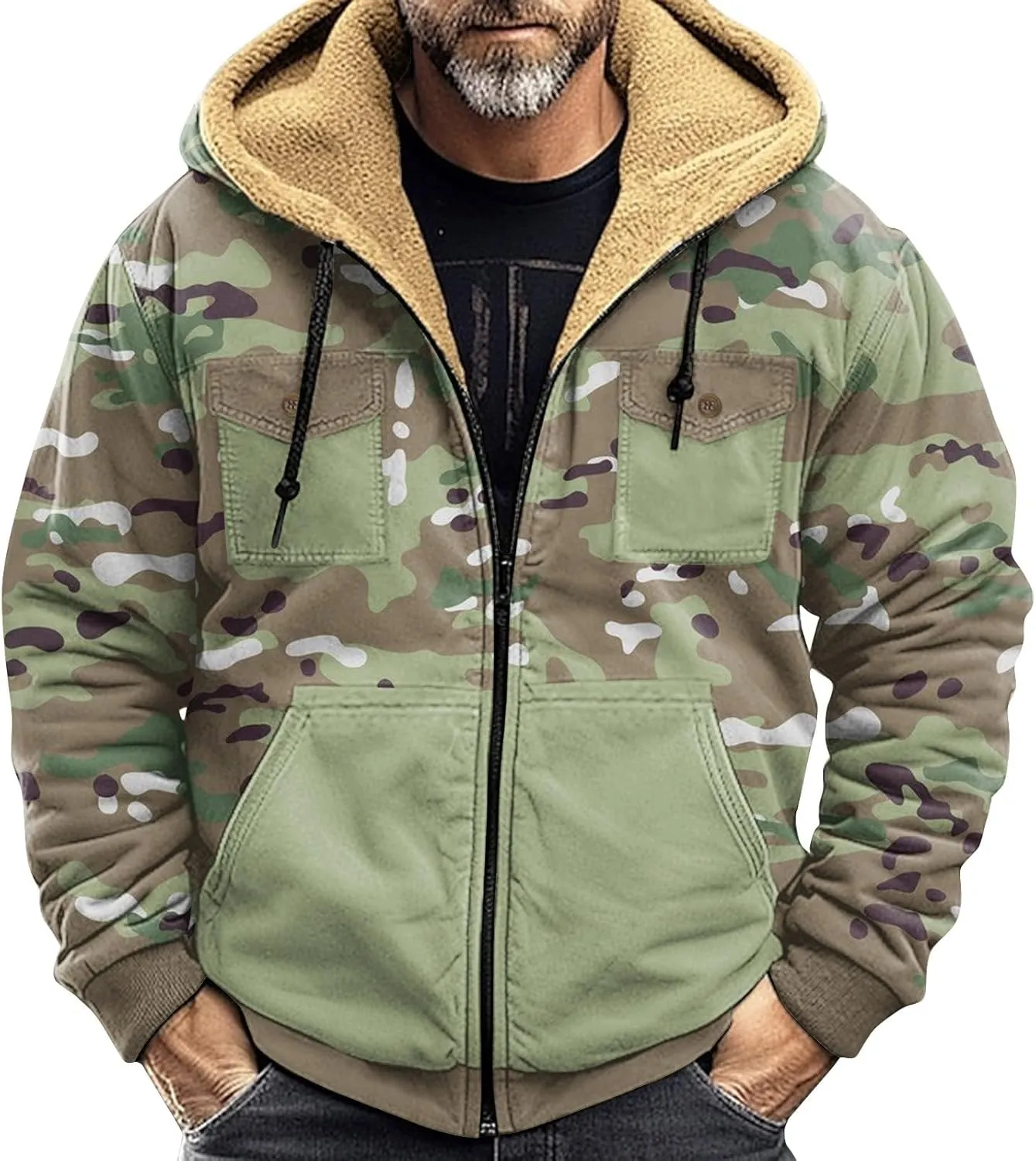 Hoodies for Men Camo Print Heavyweight Fleece Sweatshirt Thick Sherpa Lined Jackets Outerwear Full Zip Up Winter Coat