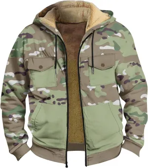 Hoodies for Men Camo Print Heavyweight Fleece Sweatshirt Thick Sherpa Lined Jackets Outerwear Full Zip Up Winter Coat
