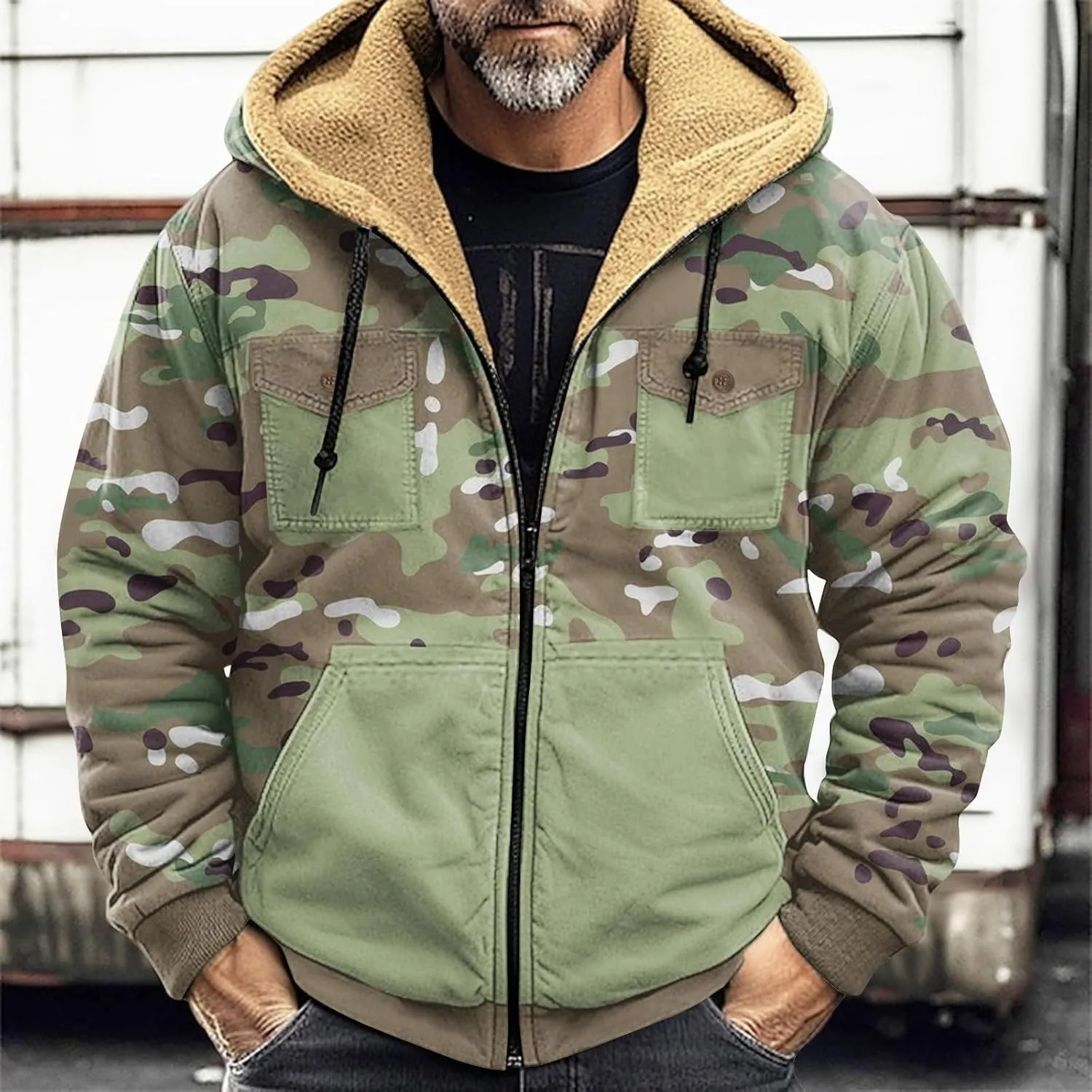 Hoodies for Men Camo Print Heavyweight Fleece Sweatshirt Thick Sherpa Lined Jackets Outerwear Full Zip Up Winter Coat