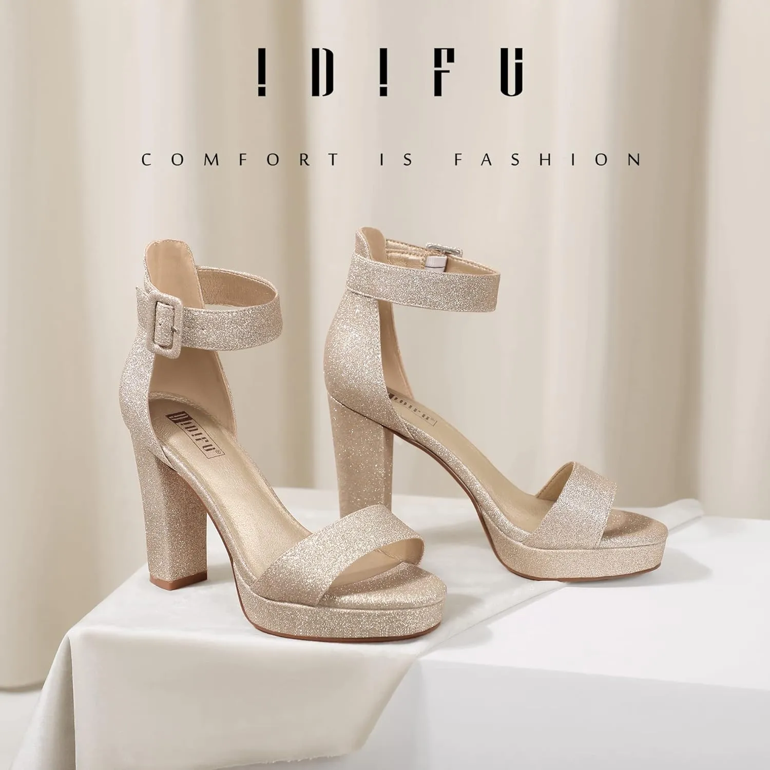 IDIFU Women's IN4 Sabrina Platform Chunky High Heels Ankle Strap Heeled Sandals Wedding Party Dress Shoes