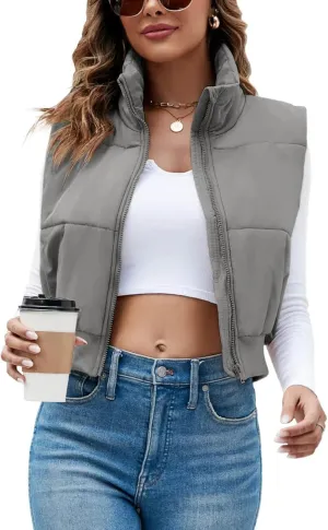 Imily Bela Womens Cropped Puffer Vest Stand Collar Sleeveless Zip Up Padded Gilet