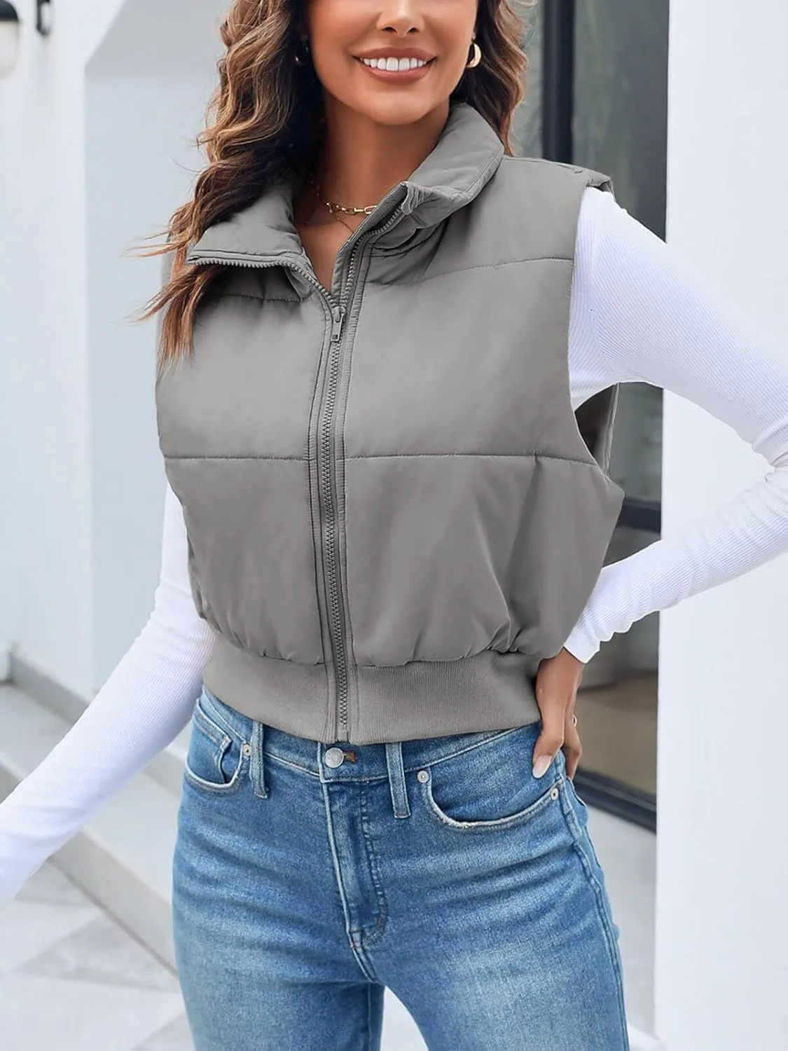 Imily Bela Womens Cropped Puffer Vest Stand Collar Sleeveless Zip Up Padded Gilet