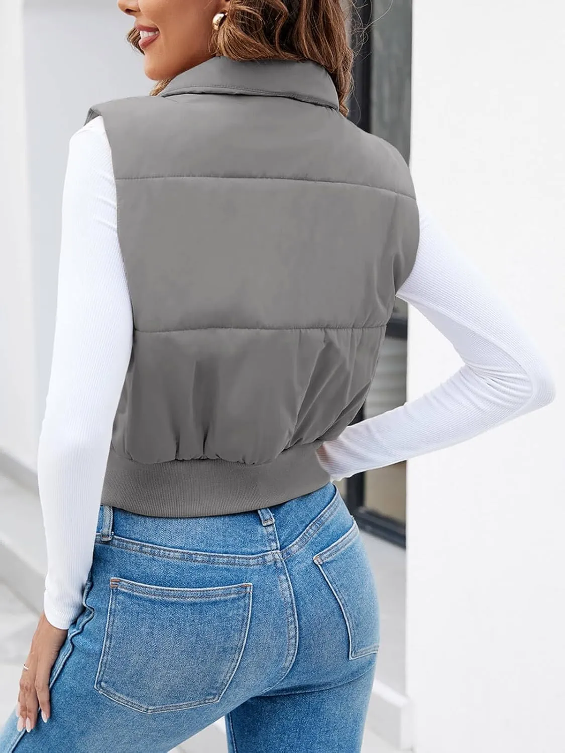 Imily Bela Womens Cropped Puffer Vest Stand Collar Sleeveless Zip Up Padded Gilet