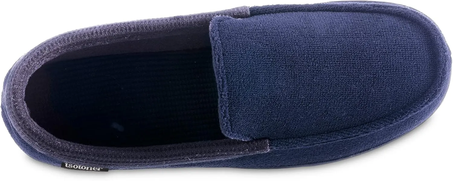 isotoner Men's Microterry and Waffle Travis Moccasin Slippers With Memory Foam Insole and Durable Rubber Outsole
