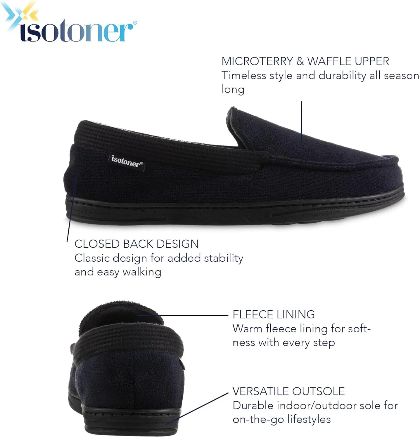 isotoner Men's Microterry and Waffle Travis Moccasin Slippers With Memory Foam Insole and Durable Rubber Outsole