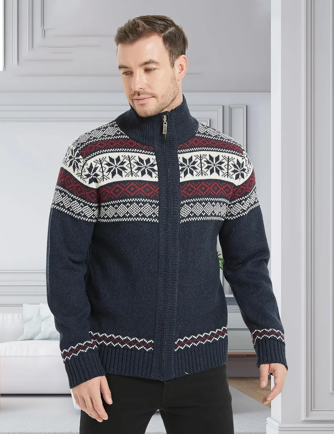 Kedera Men's Cardigan Sweaters Stand Collar Cable Thick Knitted Full Zip Sweater with Pattern