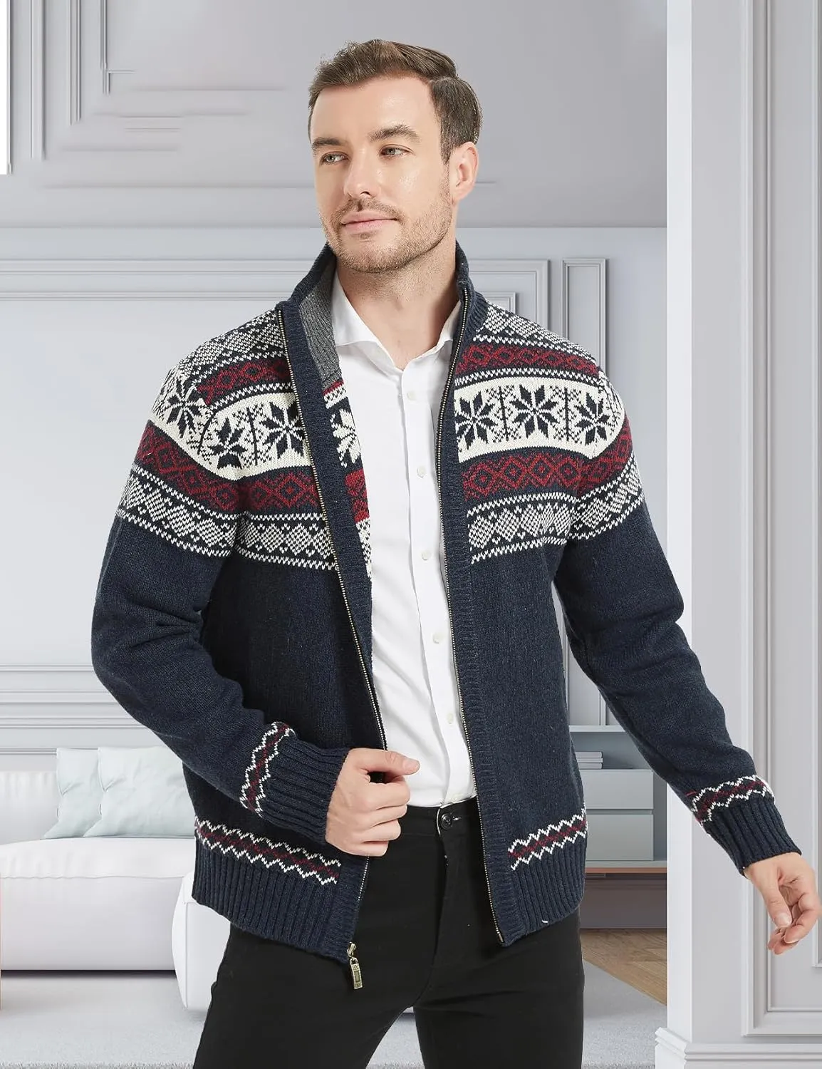 Kedera Men's Cardigan Sweaters Stand Collar Cable Thick Knitted Full Zip Sweater with Pattern