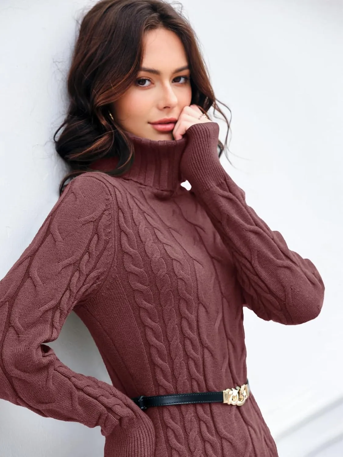 Langwyqu Womens Cable Knit Sweater Dress Sexy Long Sleeve Bodycon Turtleneck Mini Fall Sweaters Dresses