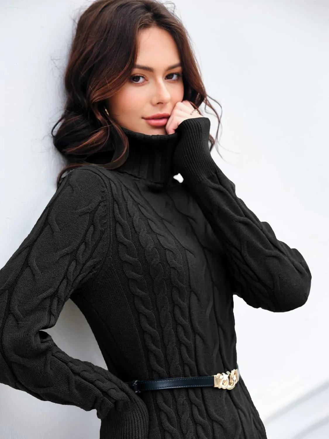 Langwyqu Womens Cable Knit Sweater Dress Sexy Long Sleeve Bodycon Turtleneck Mini Fall Sweaters Dresses