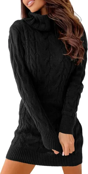 Langwyqu Womens Cable Knit Sweater Dress Sexy Long Sleeve Bodycon Turtleneck Mini Fall Sweaters Dresses