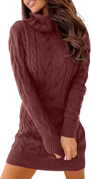 Langwyqu Womens Cable Knit Sweater Dress Sexy Long Sleeve Bodycon Turtleneck Mini Fall Sweaters Dresses