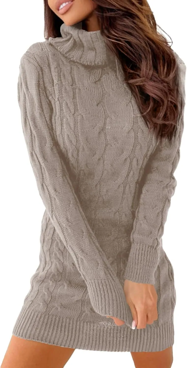 Langwyqu Womens Cable Knit Sweater Dress Sexy Long Sleeve Bodycon Turtleneck Mini Fall Sweaters Dresses