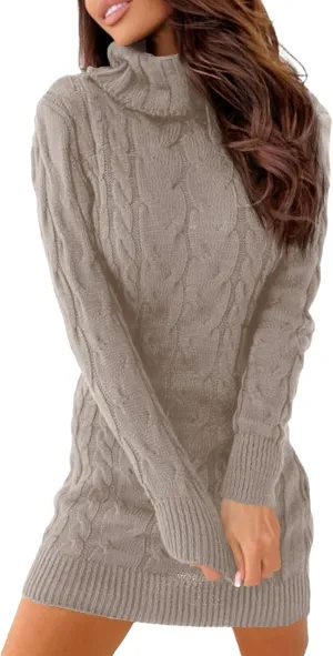 Langwyqu Womens Cable Knit Sweater Dress Sexy Long Sleeve Bodycon Turtleneck Mini Fall Sweaters Dresses