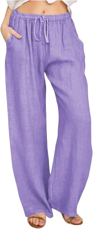 Linen Pants Women Summer Wide Leg Baggy Pants Drawstring Lounge Pants Lightweight Trousers Casual Solid Color Pants