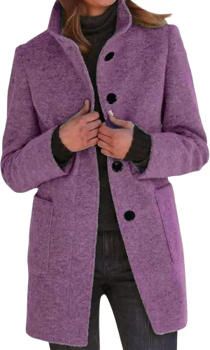 Long Pea Coats for Women Winter Stand Collar Single Breasted Wool Coats Wool Blend Peacoat Thicken Blazer Jacket
