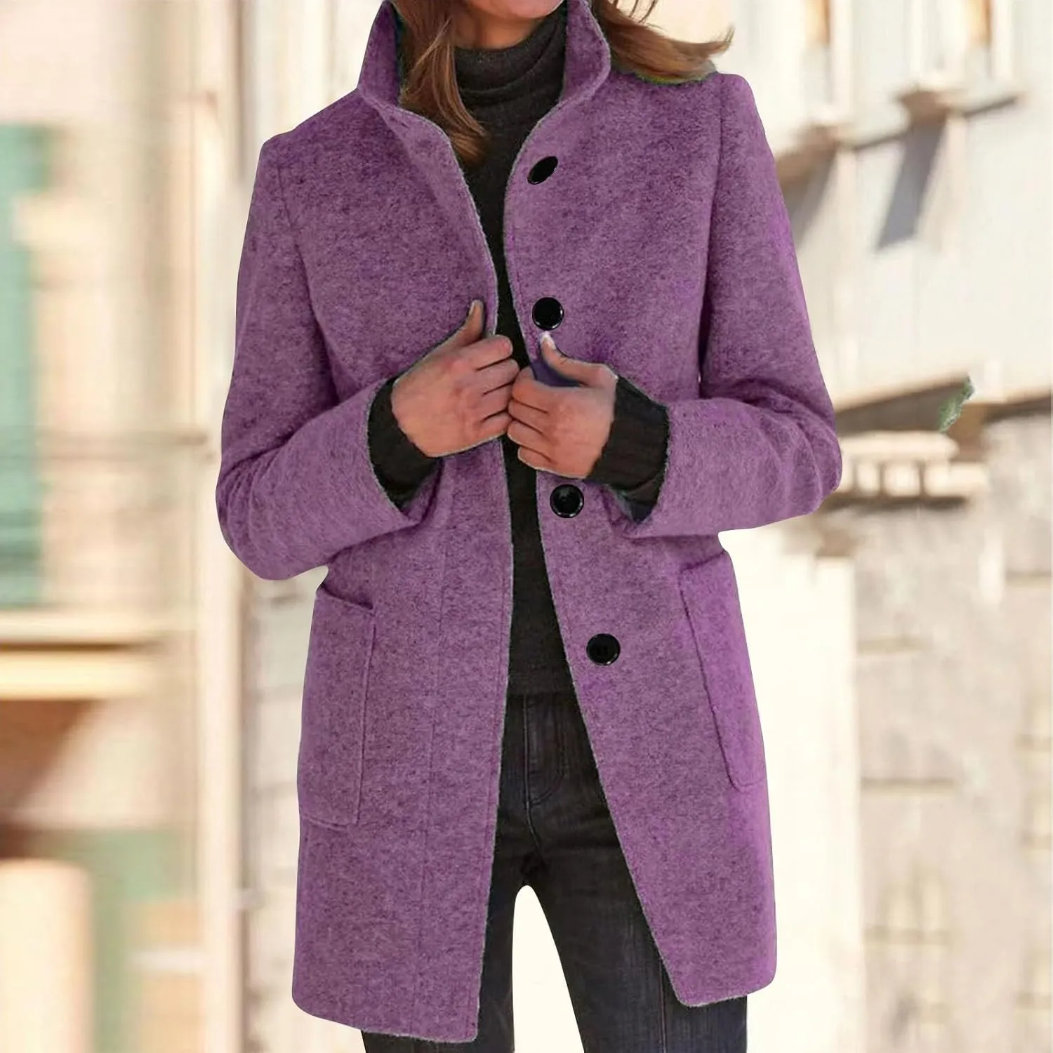 Long Pea Coats for Women Winter Stand Collar Single Breasted Wool Coats Wool Blend Peacoat Thicken Blazer Jacket