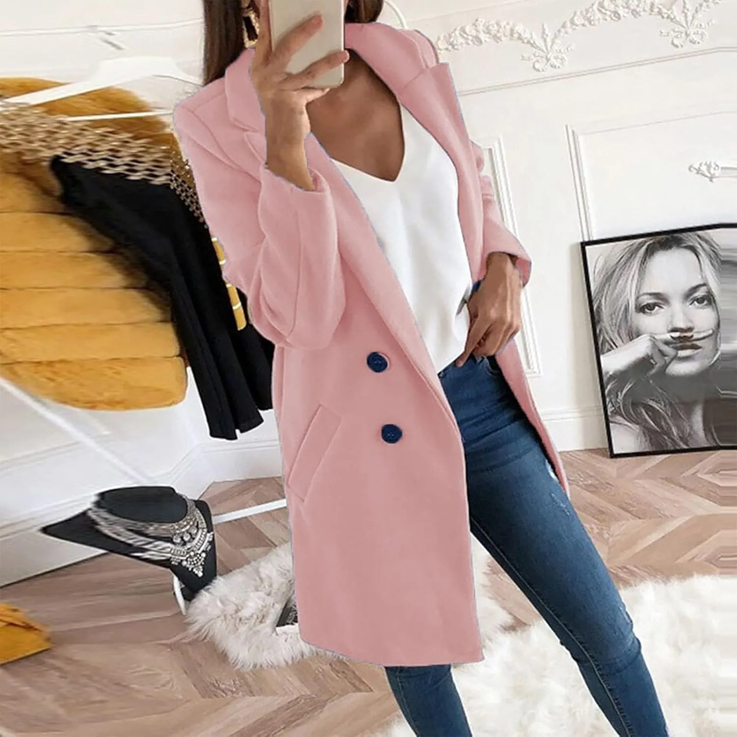 Long Winter Coats for Women Double Breasted Blazer Camel Pea Trench Coats Lapel Workout Jacket Womens Fall Fashion
