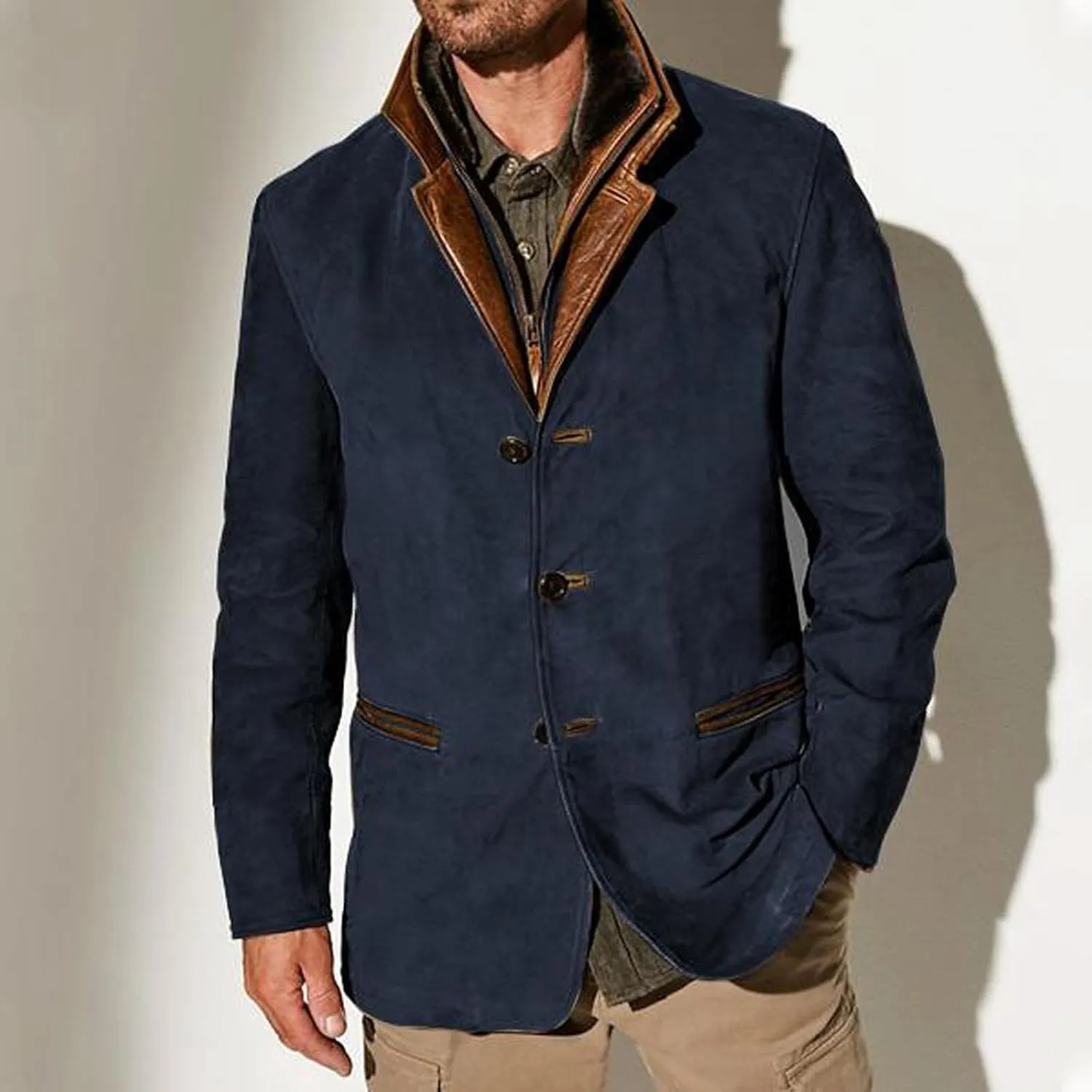 Men 2024 Autumn Winter Solid Color Warm Jacket Casual Trendy Leather Zipper Long Sleeve Coat Top with Pockets