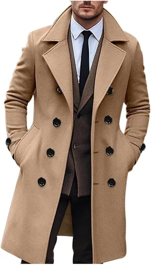 Men Casual Cotton Blend Peacoat Notch Lapel Double Breasted Long Trench Jacket Casual Winter Warm Coat with Pocket