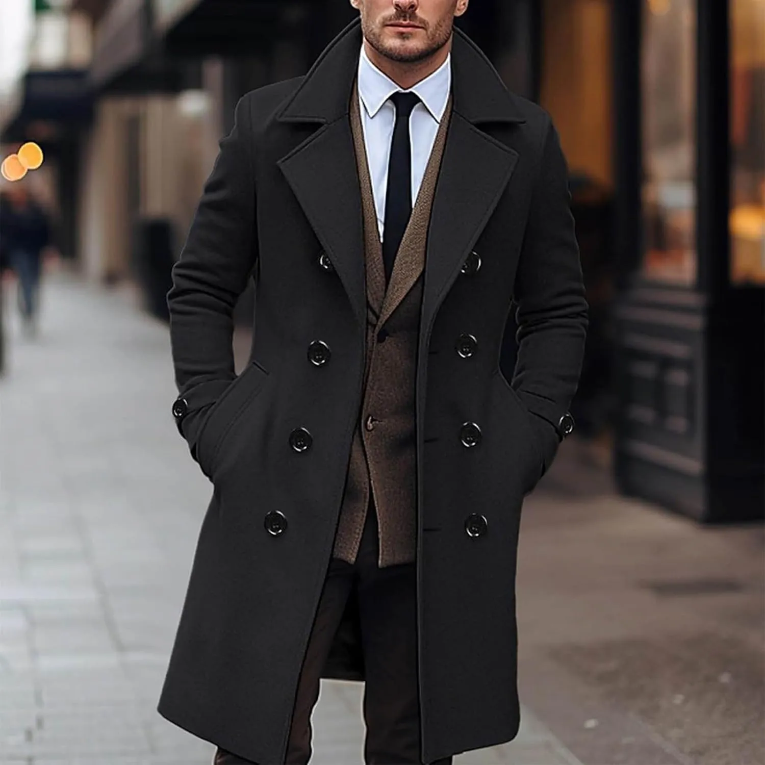 Men Casual Cotton Blend Peacoat Notch Lapel Double Breasted Long Trench Jacket Casual Winter Warm Coat with Pocket