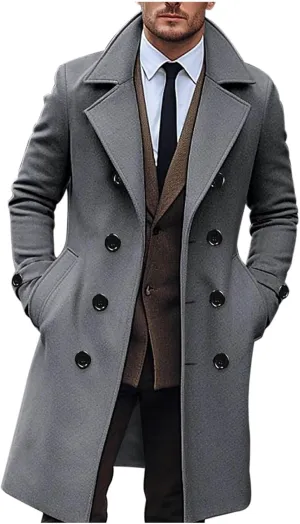 Men Casual Cotton Blend Peacoat Notch Lapel Double Breasted Long Trench Jacket Casual Winter Warm Coat with Pocket