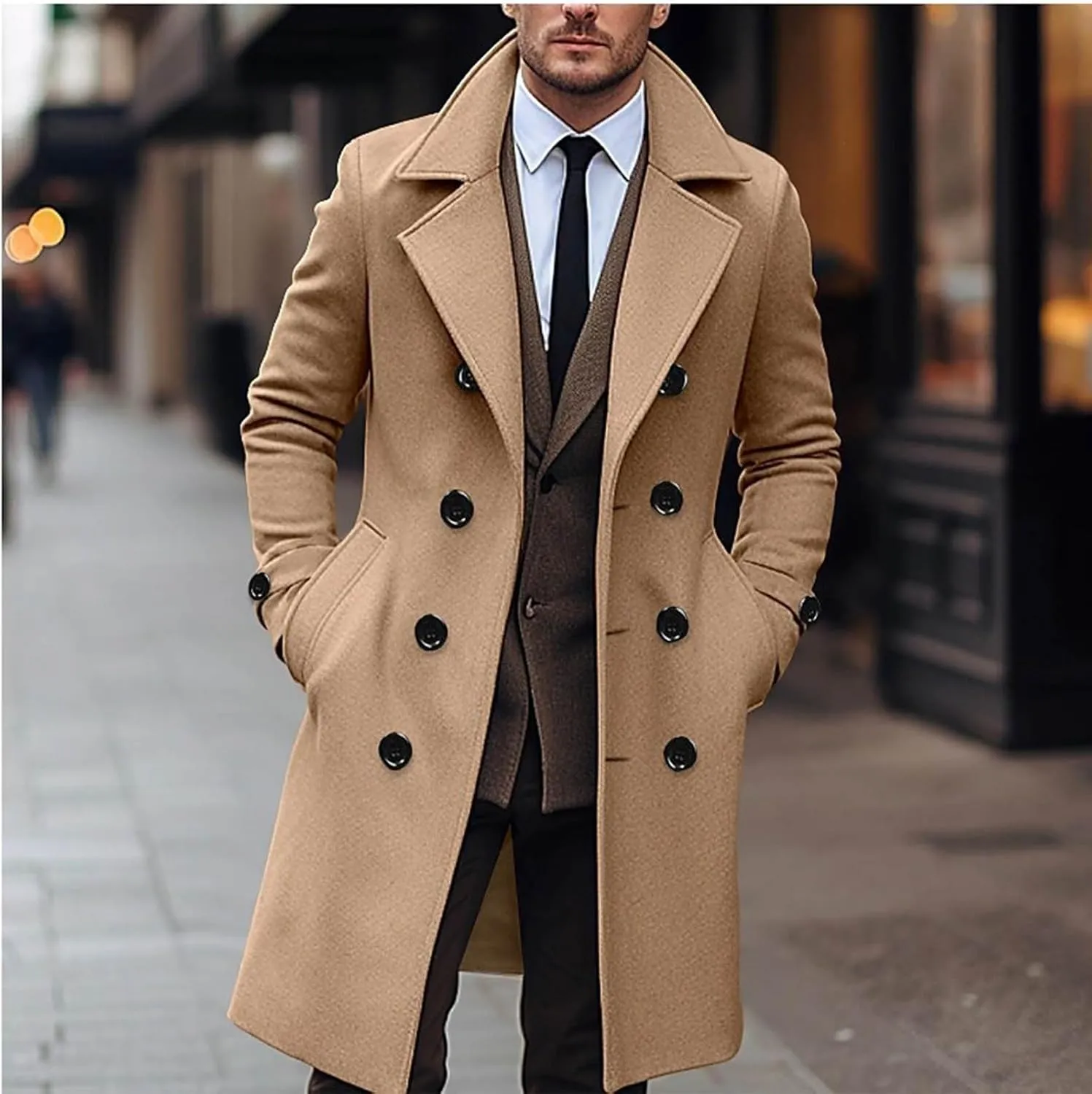 Men Casual Cotton Blend Peacoat Notch Lapel Double Breasted Long Trench Jacket Casual Winter Warm Coat with Pocket