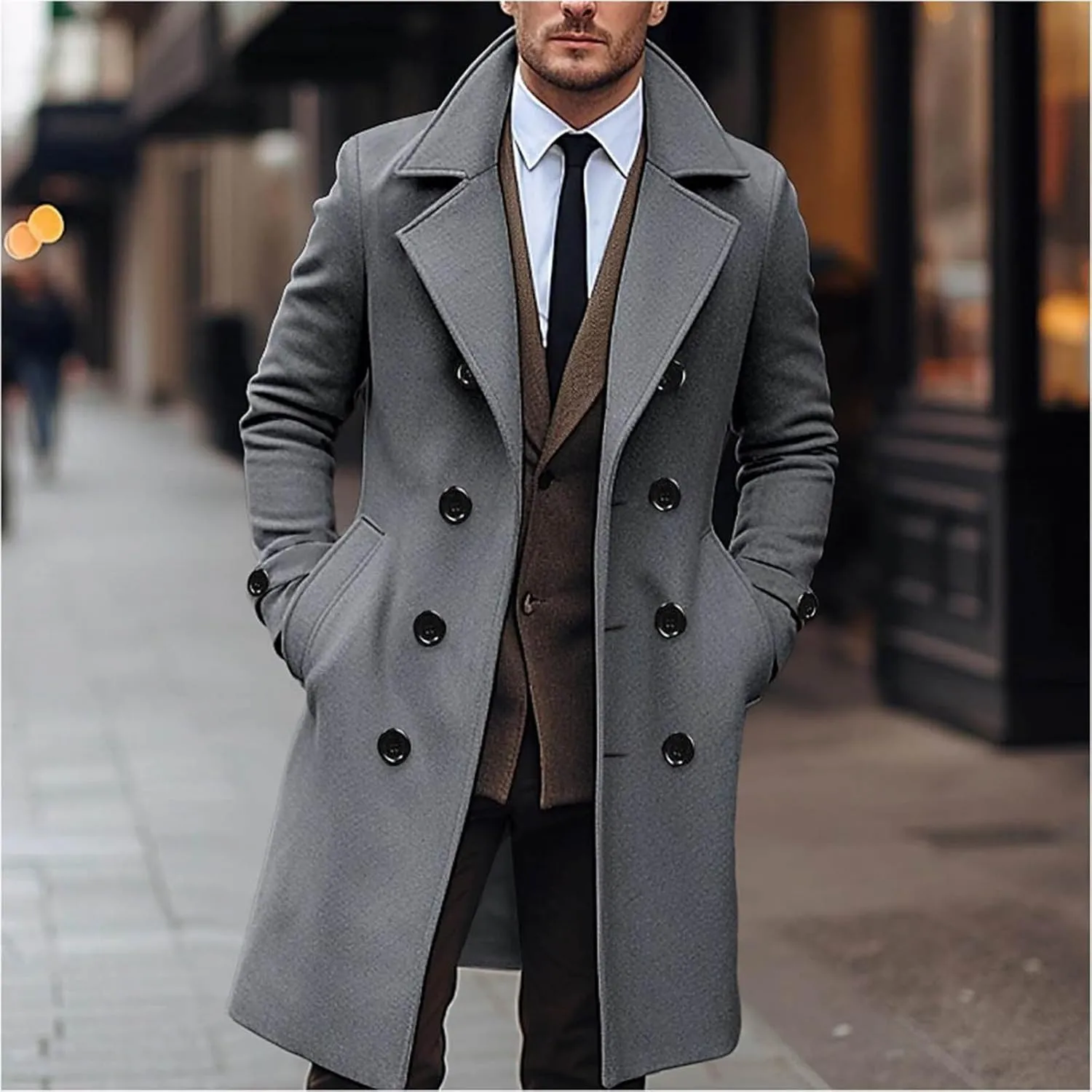 Men Casual Cotton Blend Peacoat Notch Lapel Double Breasted Long Trench Jacket Casual Winter Warm Coat with Pocket