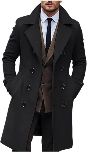 Men Casual Cotton Blend Peacoat Notch Lapel Double Breasted Long Trench Jacket Casual Winter Warm Coat with Pocket