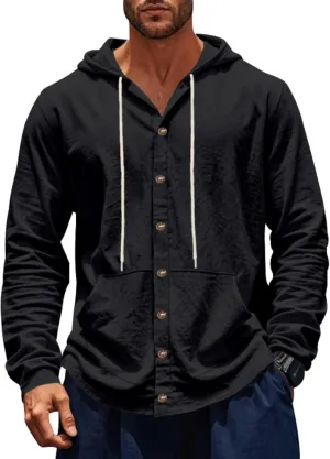 Men Cotton Linen Long Sleeve Button Down Shirt Summer Casual Beach Tops Lightweight Hoodies with Pockets
