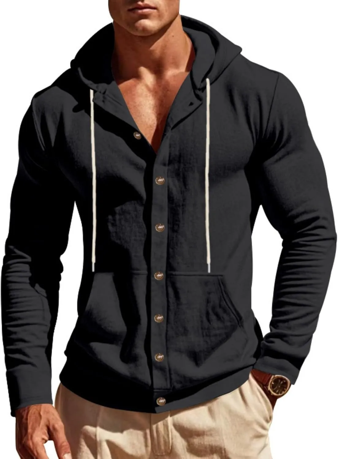 Men Cotton Linen Long Sleeve Button Down Shirt Summer Casual Beach Tops Lightweight Hoodies with Pockets