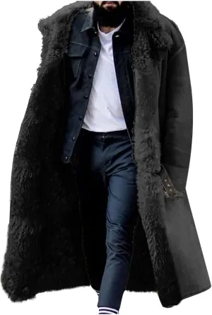 Men Faux Pu Leather Long Jackets Sherpa Fleece Lined Trench Coat Heavyweight Big and Tall Warm Outwear Coat