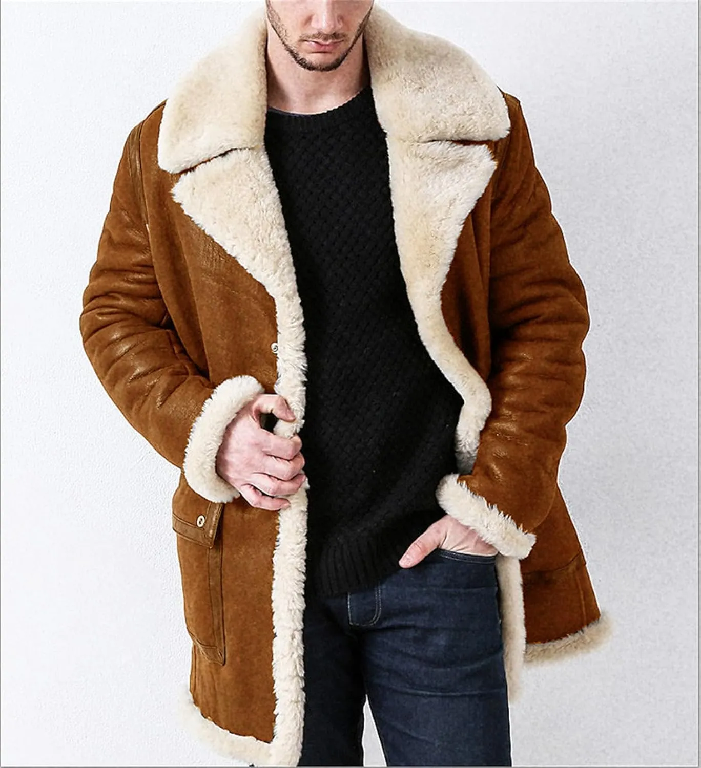 Men Faux Suede Sherpa Fleece Lined Jackets Fur Collar Long Trench Coat Winter Heavyweight Big and Tall Outwear