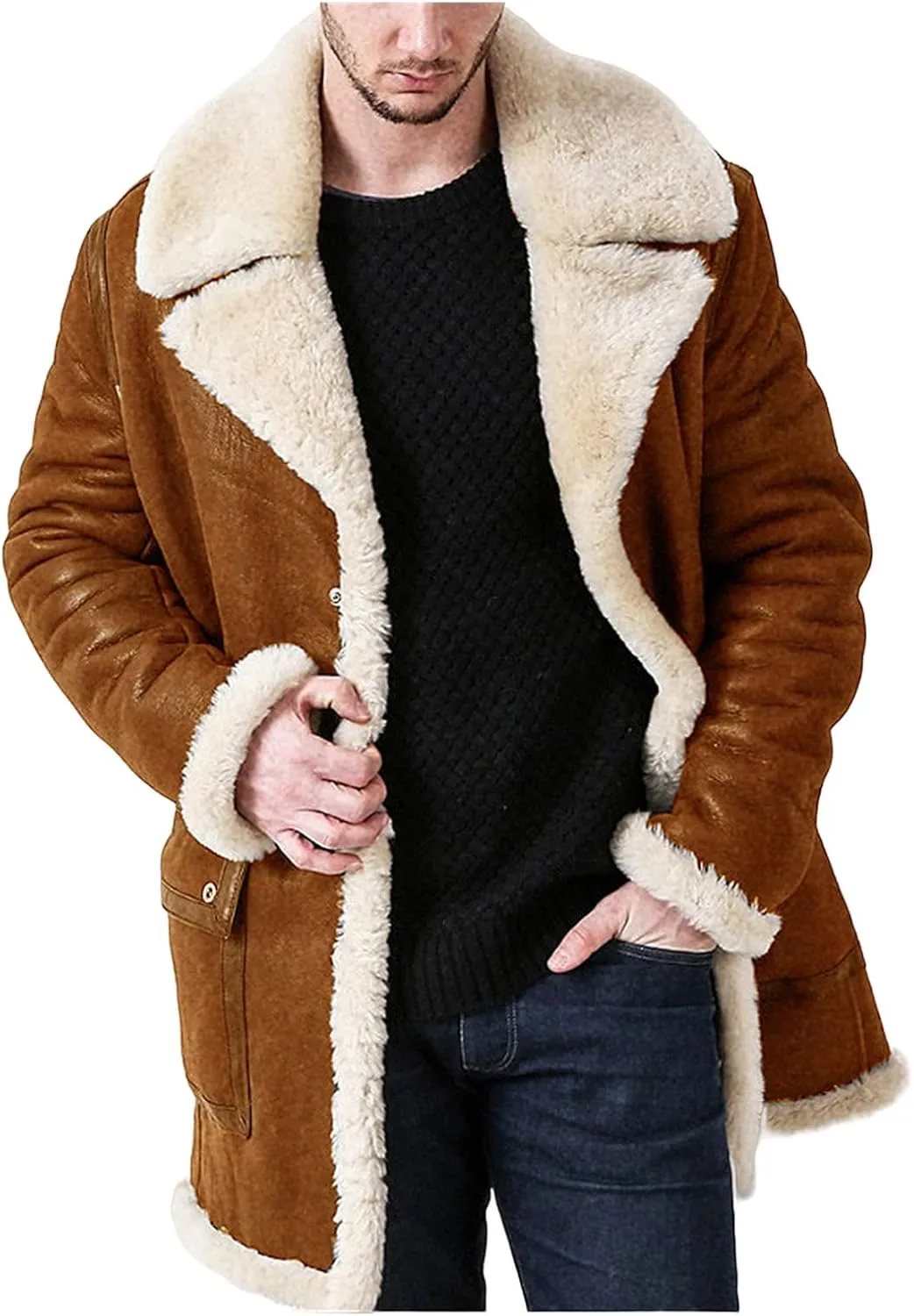 Men Faux Suede Sherpa Fleece Lined Jackets Fur Collar Long Trench Coat Winter Heavyweight Big and Tall Outwear